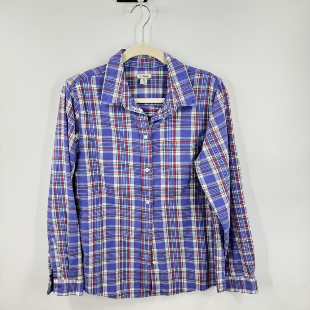 L.L. Bean Flannel Button Down Purple M Plaid Cotton Long Sleeve Cabin Gorpcore